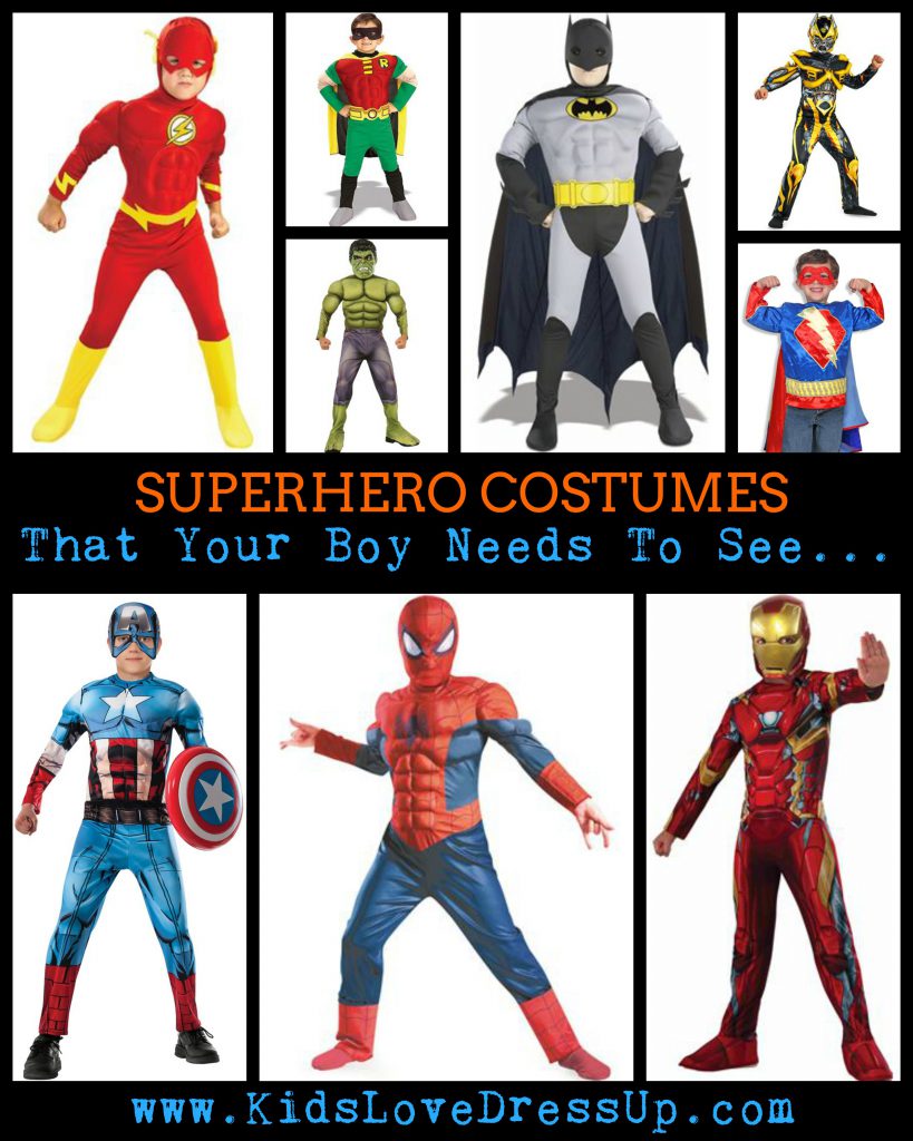 Superhero Costumes For Boys - the superhero dress up clothes for boys that your son needs to see before making his choice for Halloween! Superhero Dress Up For Boys! Looking for some great superhero costumes for boys? Look no further - we've got you covered. Kidslovedressup.com will show you which superhero costumes are the BEST! Superman costume, batman costume, the hulk costume, Robin costume, Spiderman costume, Captain America Costume, The Flash Costume, Superman Costume, Ironman Costume, and Super-Me Costume!