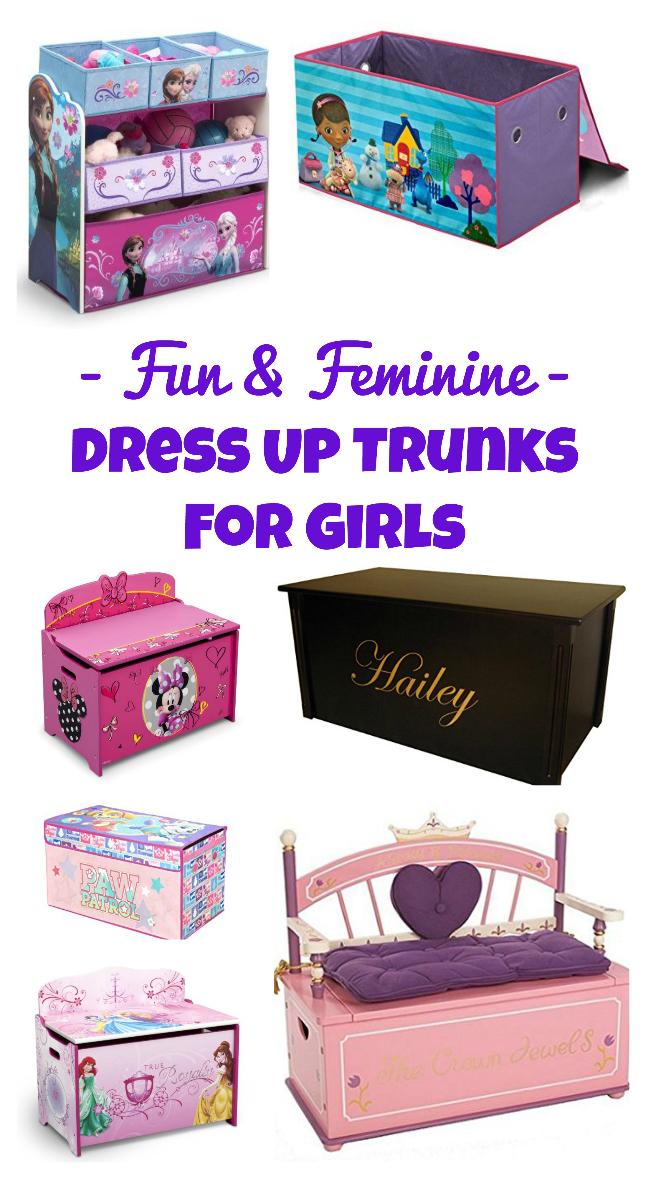 Dress Up gear out of control? Want an easy solution for the mess? Get a Girls Dress Up Clothes Trunks - check out this post and see TONS of super cute, feminine, and fun dress up trunks for girls! www.kidslovedressup.com dress up storage, storage trunk, toy storage for girls, toy boxes for girls, girls storage, kids storage, storage box for kids, kids storage, kids dress up