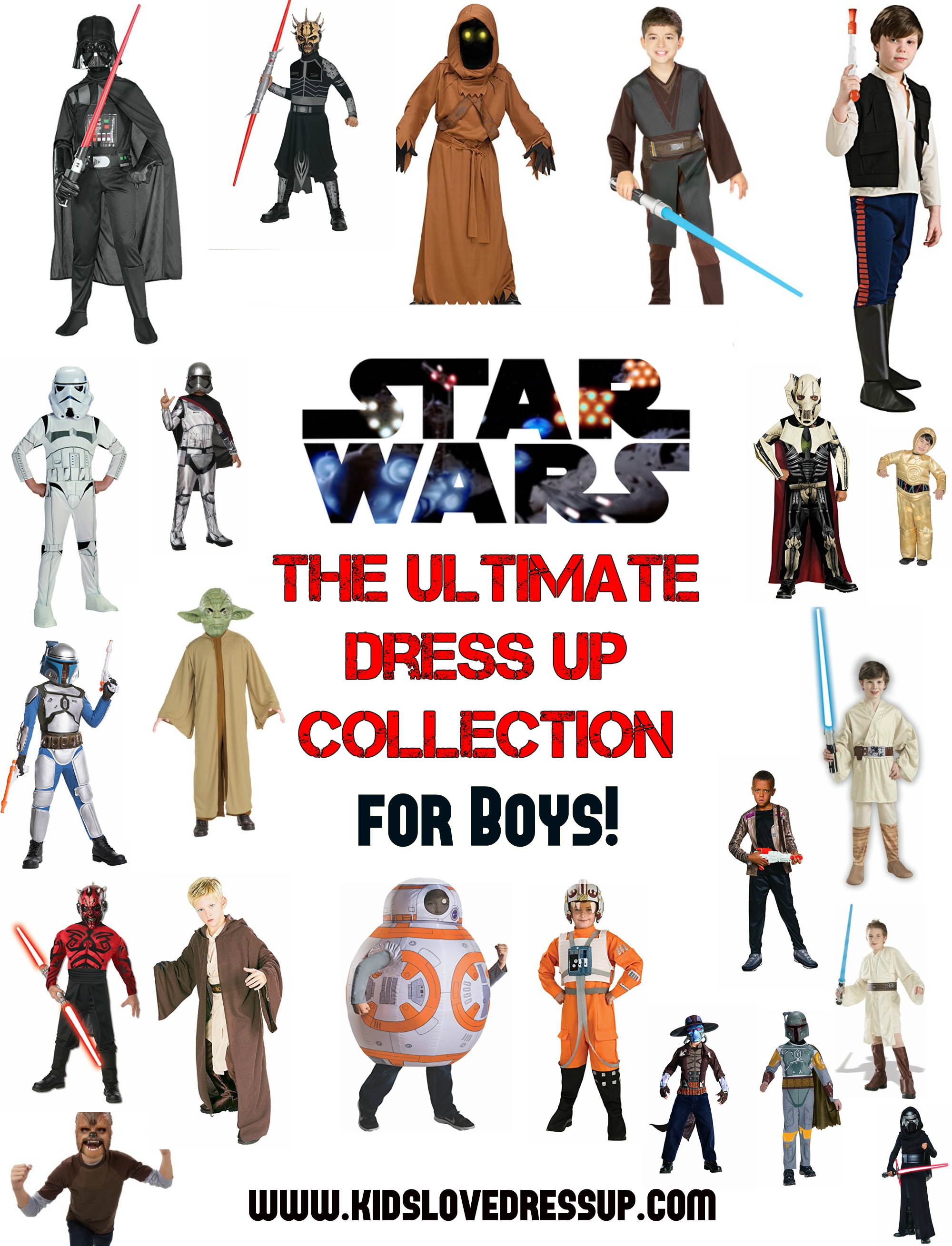 Star Wars Dress Up For Boys - The Ultimate Costume Collection for the young Star Wars lover in your life! Check out the huge variety of kid sized Star Wars Costumes at www.kidslovedressup.com!