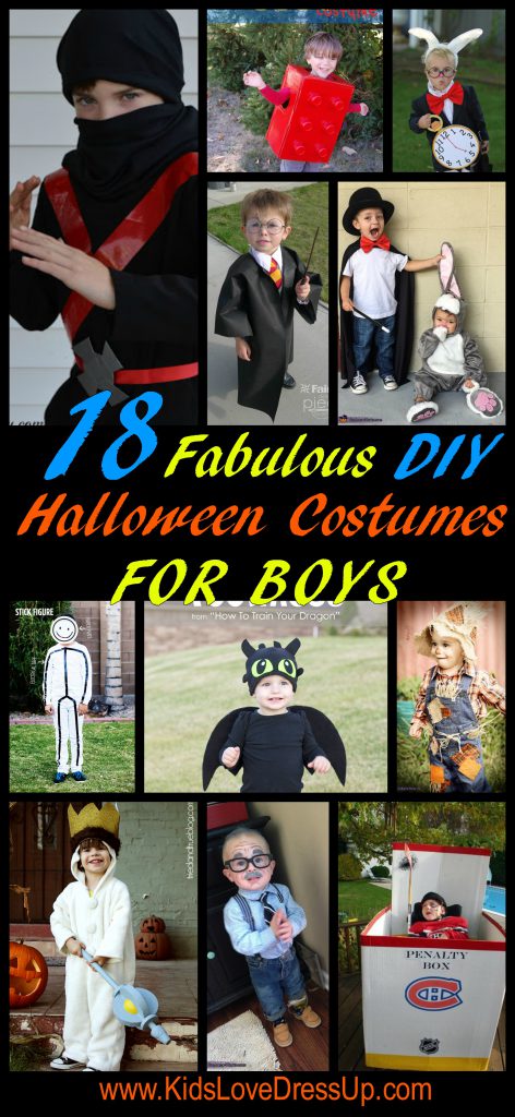 18 Fun and Fabulous DIY Halloween Costumes For Boys! Check out these ideas and more at KidsLoveDressUp.com! DIY costumes, DIY dress up, Hallowen costumes for kids, boys halloween costumes, boys dress up, boys diy halloween, homemade costumes kids, easy diy costumes, simple costumes to make, make own costumes kids